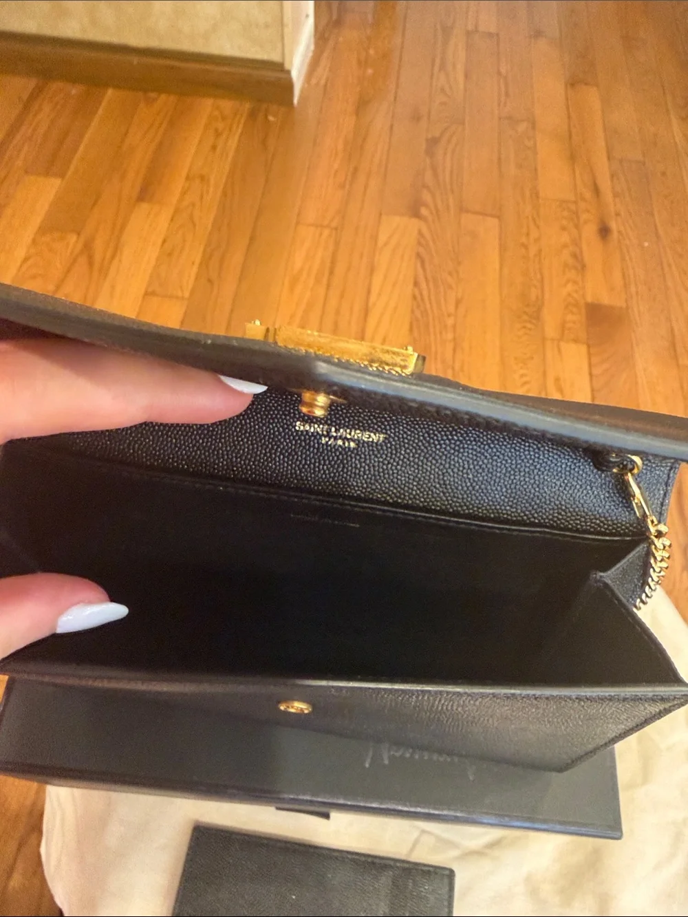 YSL Yves Saint Laurent Black Grain Leather Wallet-on-Chain with Gold Logo